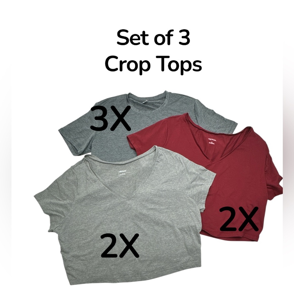 Set of 3 Women's (2) 2X V-Neck (1) 3X round neck Crop Top Set - Gray and Red